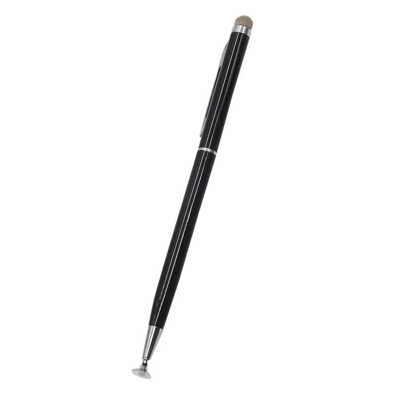 2-in-1 metal capacitive stylus with cloth and handwriting tips in black on white background