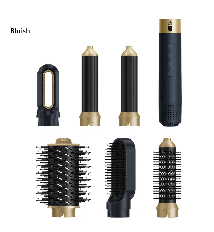 6-in-1 hot air styling comb set with leather case and multiple attachment heads for hair straightening and curling