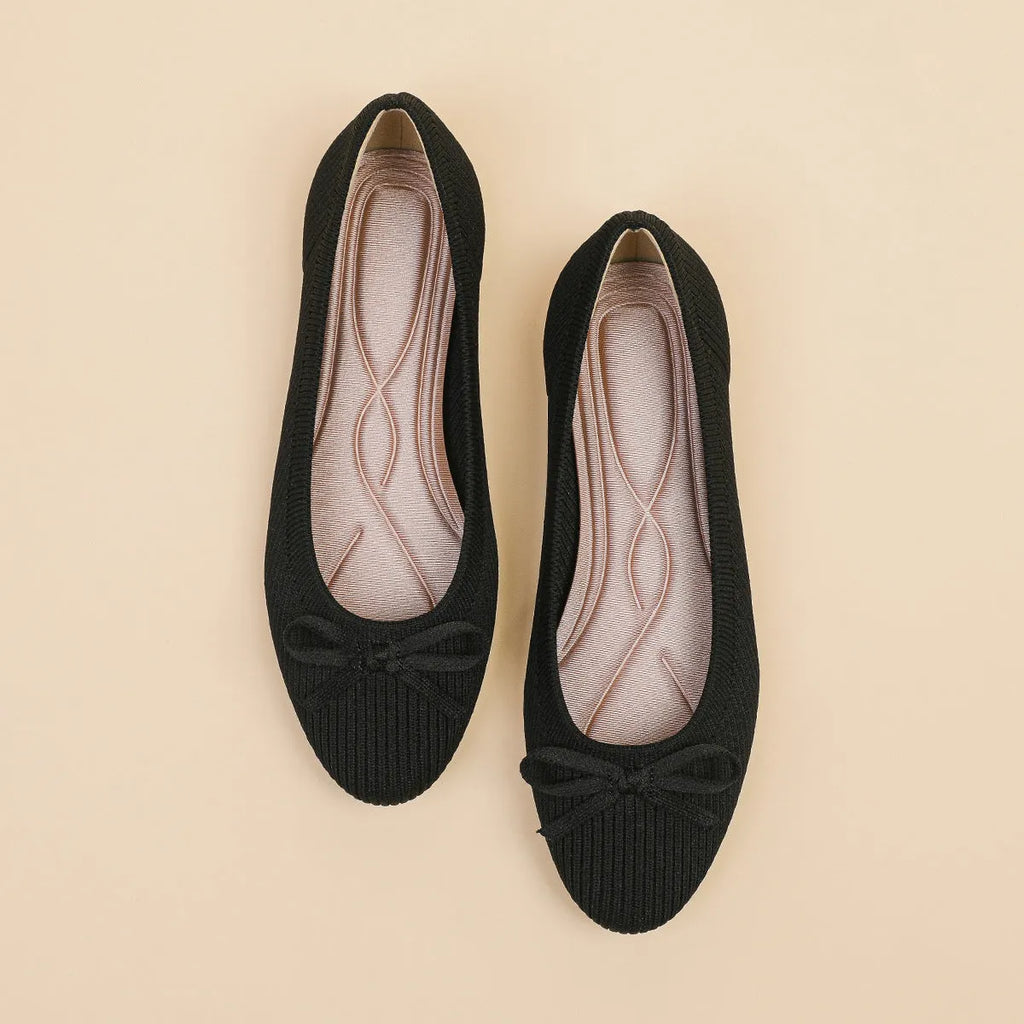 Women's round toe fabric bow flat pumps in butterfly black colour with shallow mouth and oversleeve style