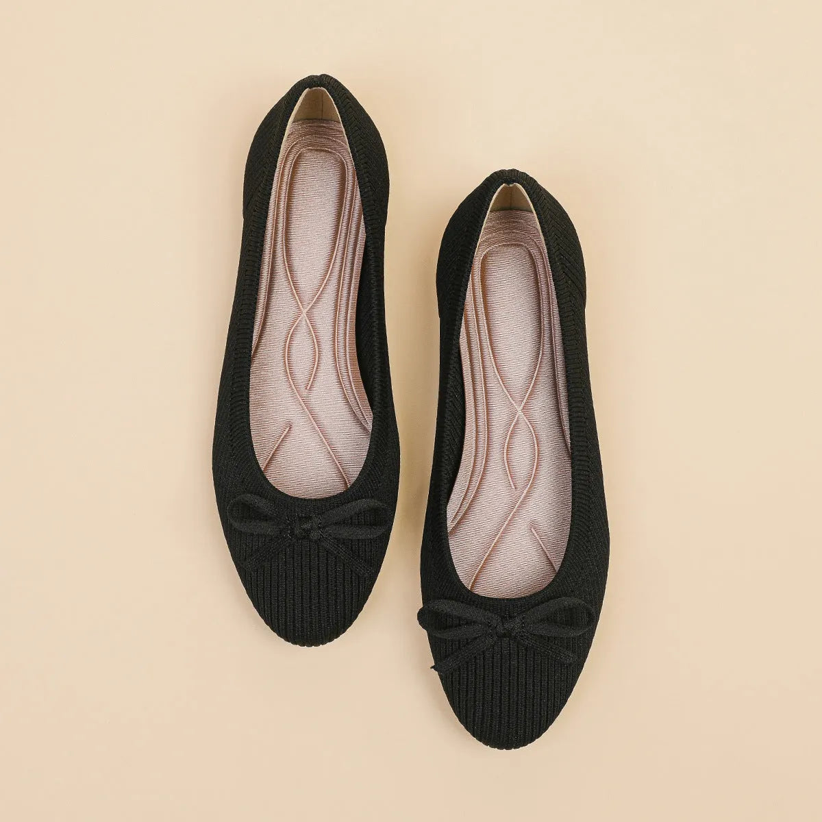 Women's round toe fabric bow flat pumps in butterfly black colour with shallow mouth and oversleeve style