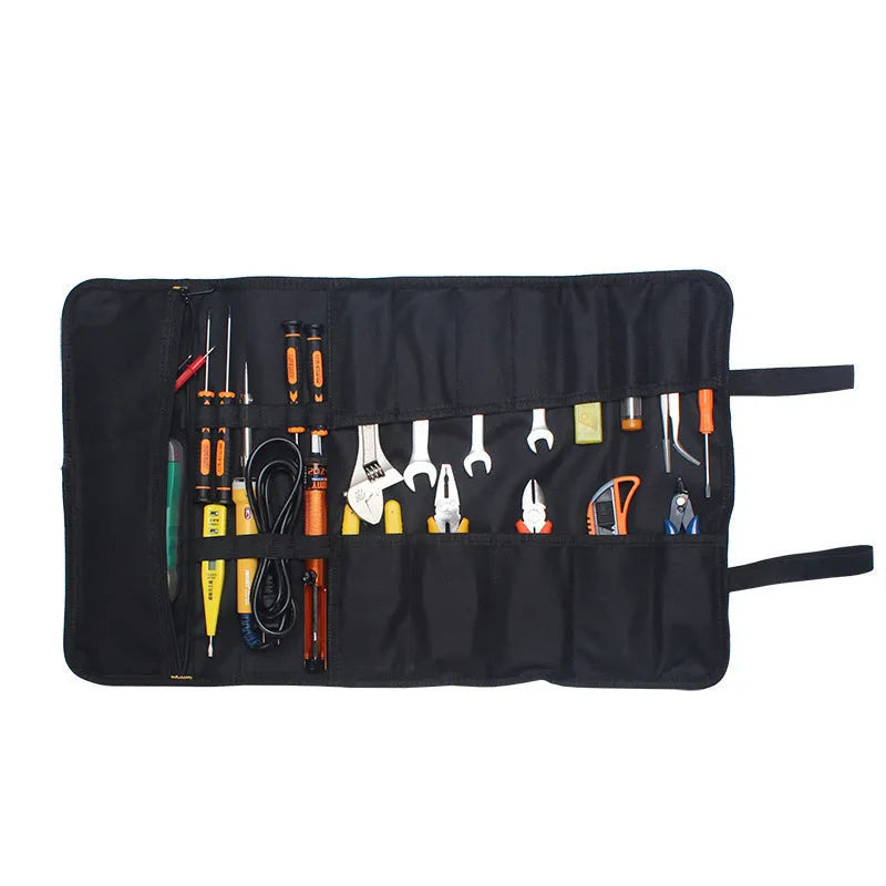 Electrician tool storage bag with reel compartment in Oxford cloth, brown colour option