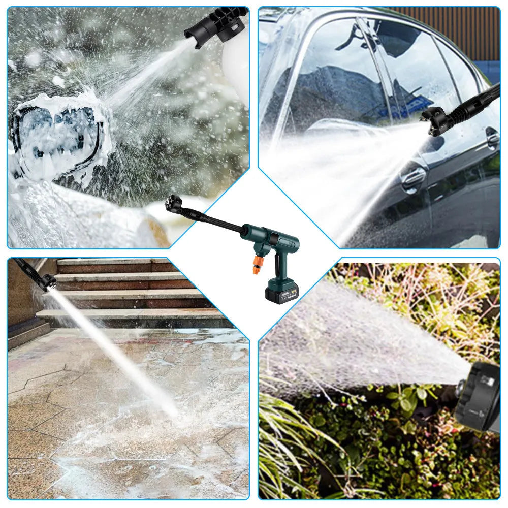 Cordless brushless water gun with stainless steel gun head, 18V, 25m spray distance, for car washing and landscaping.