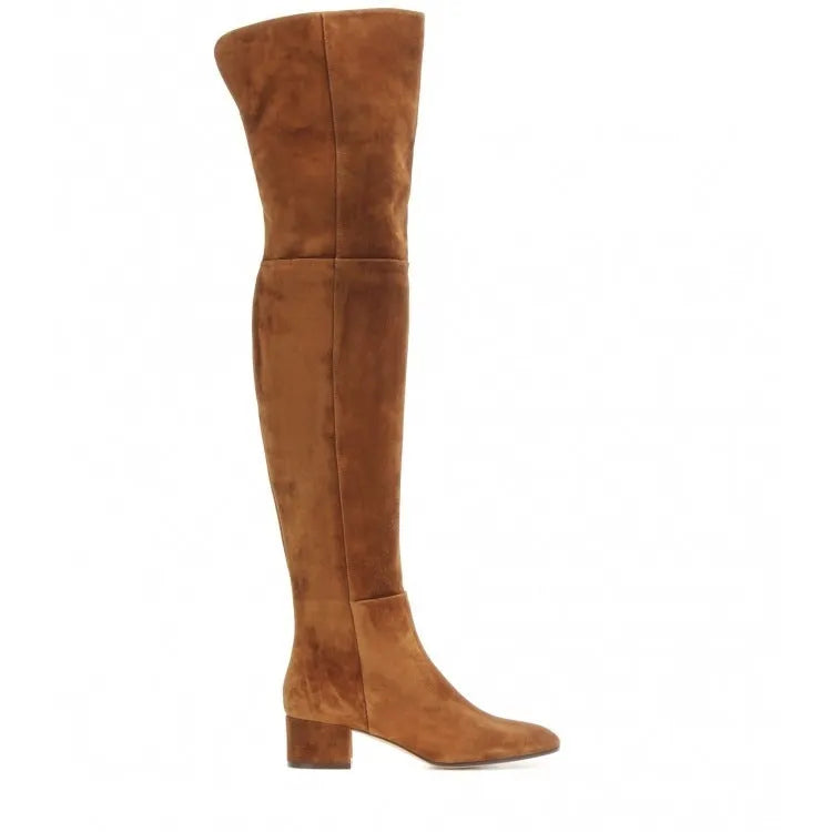 Grey suede women's over-the-knee flat boots with pointed toe and low thick heel.