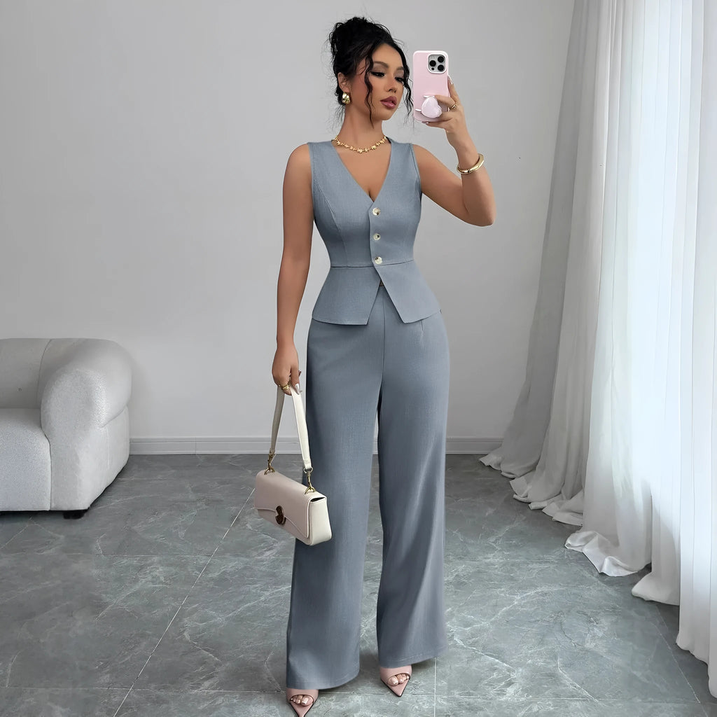 Women's solid colour sleeveless vest and high waist trousers two-piece set in casual style