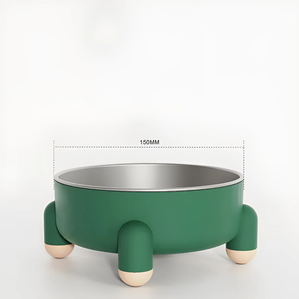 Green ceramic-coated stainless steel pet bowl with non-slip base and raised high-foot design.