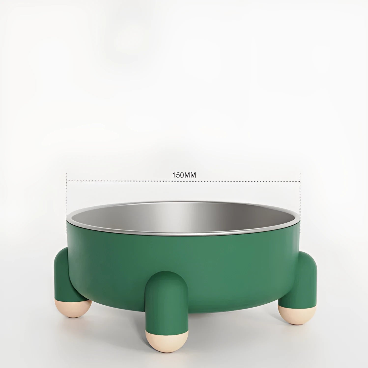 Green ceramic-coated stainless steel pet bowl with non-slip base and raised high-foot design.