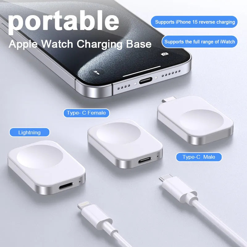 Black and white three-in-one magnetic wireless charger with Lightning and USB-C connectors