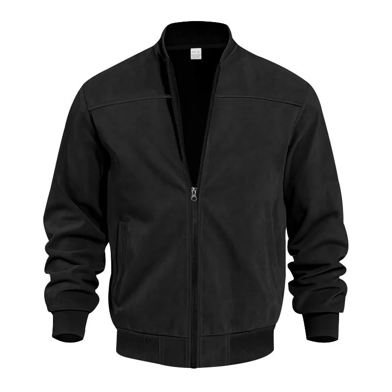 Men's casual plus-size suede zip jacket in Army Green shown on a model.