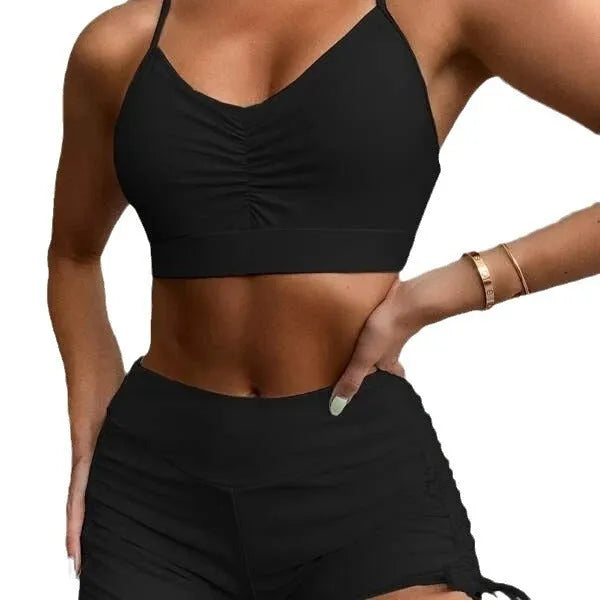 Women's high waist split bikini swimsuit in black or purple, made from nylon and spandex.