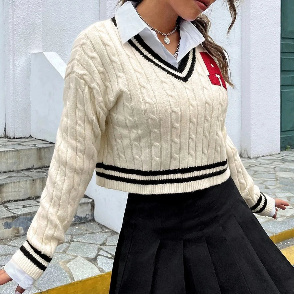 Milky white V-neck striped knitted shirt pullover for women with long sleeves and patch detail