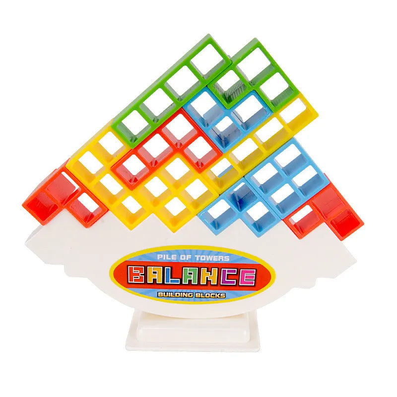 Plastic balance stacking board game with 16 coloured blocks, chassis, and base on a 26.5cm square box.