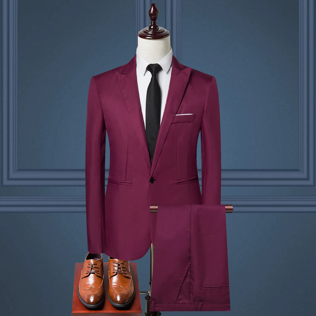 Men's two-piece solid colour leisure suit set with jacket and trousers in light business style