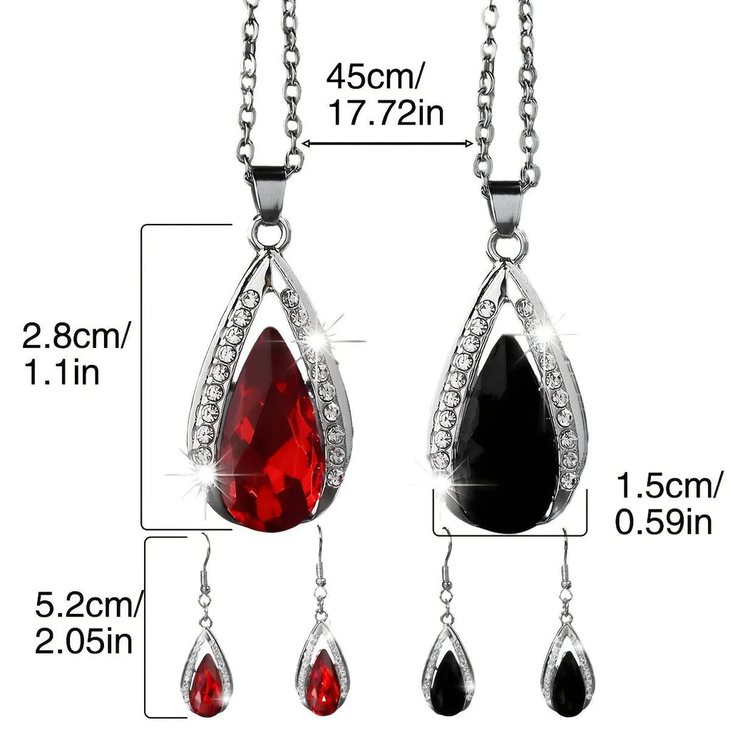 Alloy teardrop pendant necklace and matching earrings in black or red.