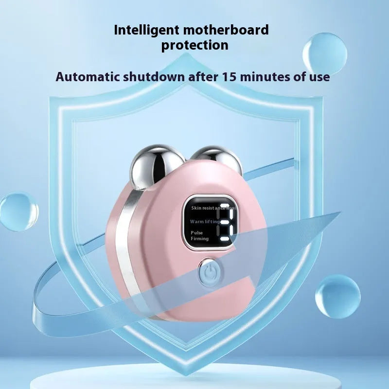 Portable hot compress facial massage instrument with micro current double-roller in light blue, pink, or white.