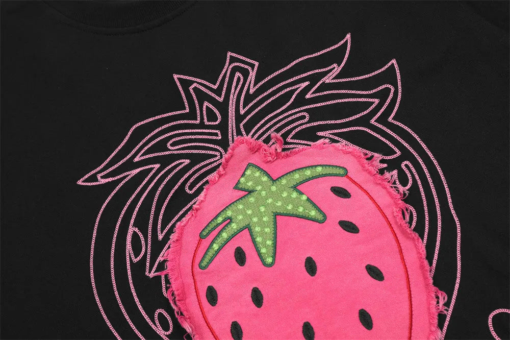 Men's short sleeve pure cotton top with strawberry embroidery, available in black or white, sizes M L XL
