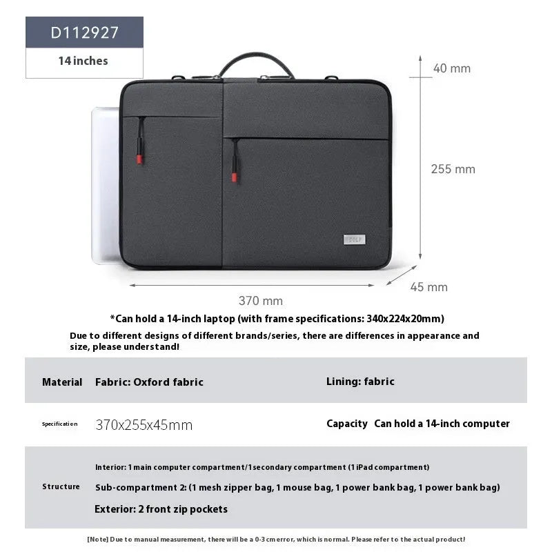 Men's 14-inch laptop protective sleeve in dark gray Oxford fabric with shoulder strap