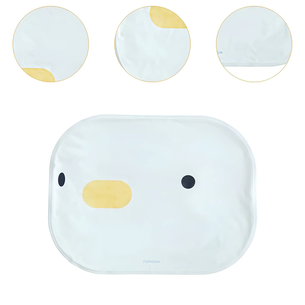 Washable chick-shaped pet cooling mat measuring 45cm by 45cm with composite cloth construction