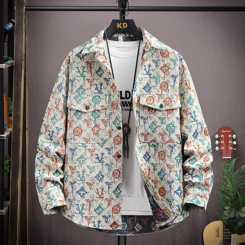 Men's casual lapel shirt coat in a blue colour variant, showing long sleeves and straight hem design.