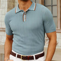 Men's solid colour short sleeve Tencel sweater in light blue, regular fit, flocked texture