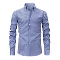 Men's long-sleeved striped business shirt with a lapel collar on a hanger.