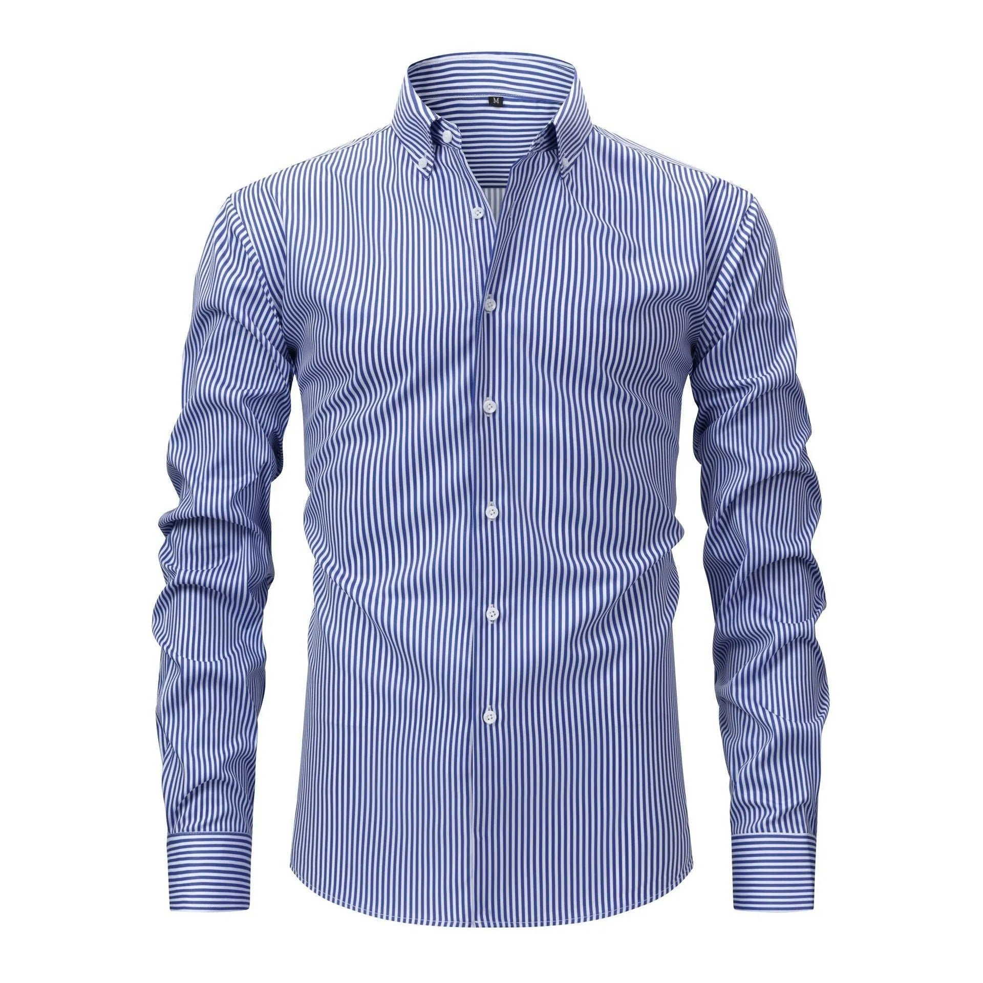 Men's long-sleeved striped business shirt with a lapel collar on a hanger.