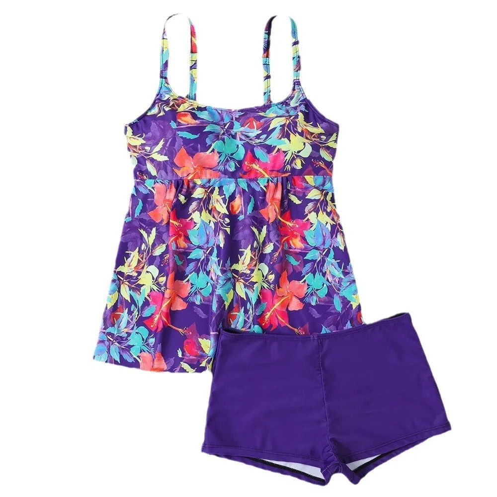 Plus size women's high waist brief and split boxer print two-piece set in black, polyester spandex blend