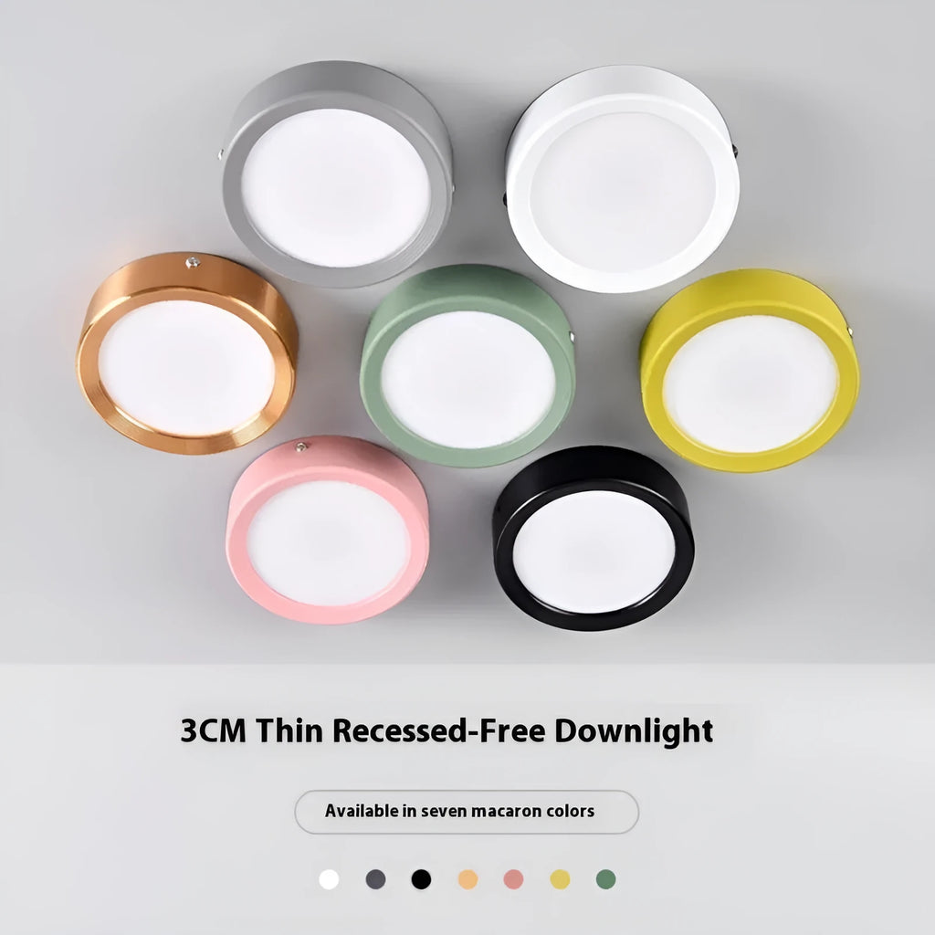 LED ultra-thin surface mounted downlight with adjustable colour temperature in various shell colours