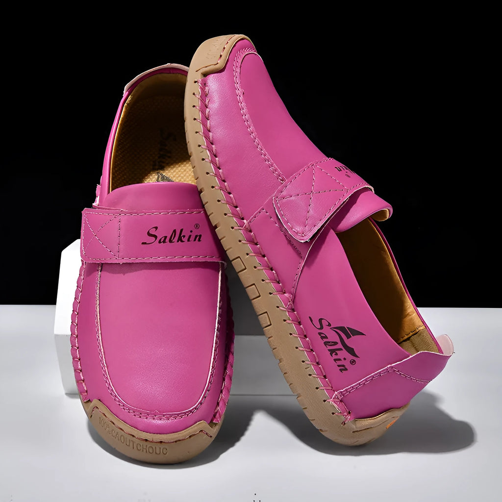 Autumn leisure hand-stitched PU leather shoes with Velcro fastening in rose red, flat heel