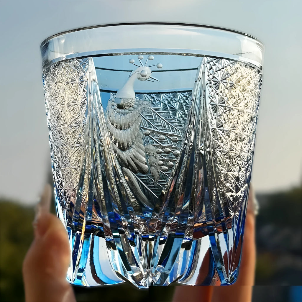 Hand-carved crystal whiskey glass 340ml blue retro style single