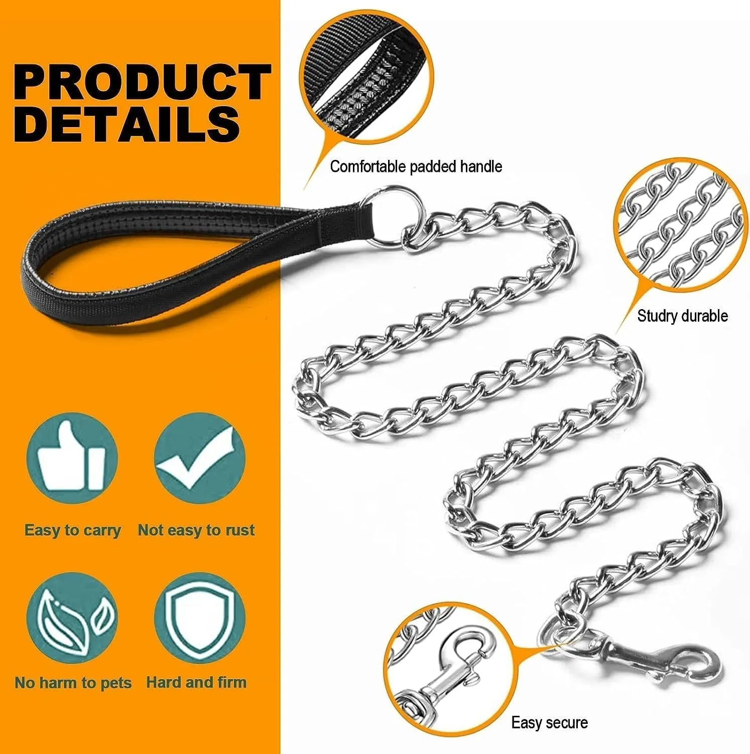 Heavy duty metal dog leash with soft padded handle and chew-proof chain in black, blue, or red