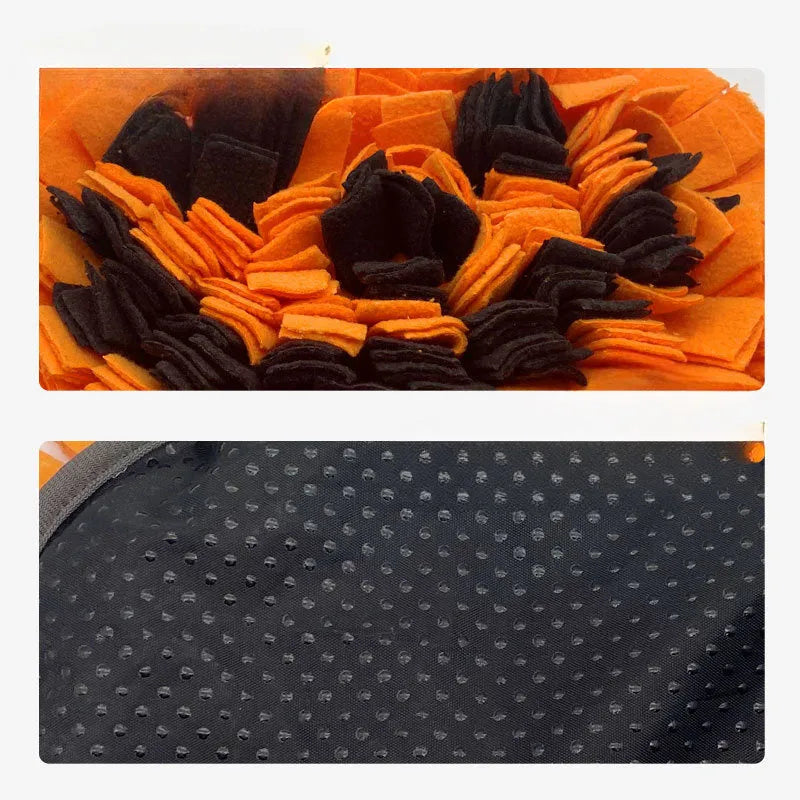 Orange pumpkin-shaped dog sniffing mat with raised fur texture for slow feeding