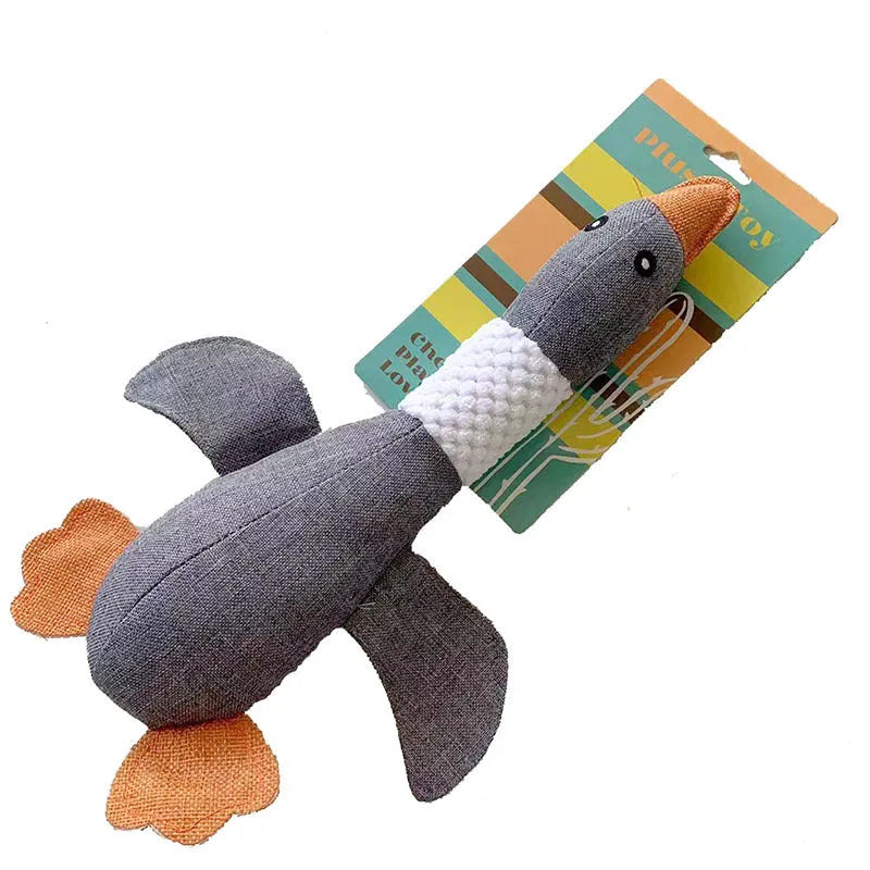 Blue duck plush dog toy with squeakers for chewing and interactive play