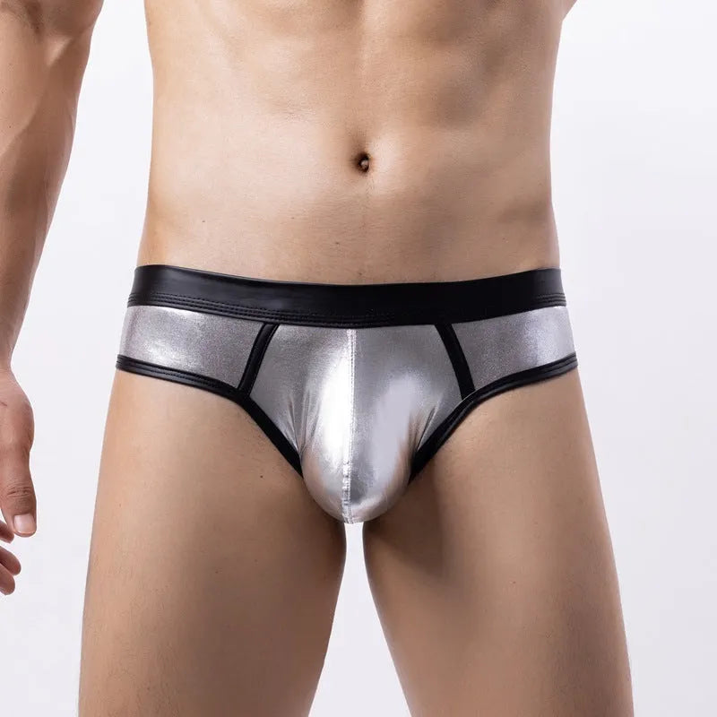 Men's patent leather look swim briefs in gold, silver and red colours with low waist design