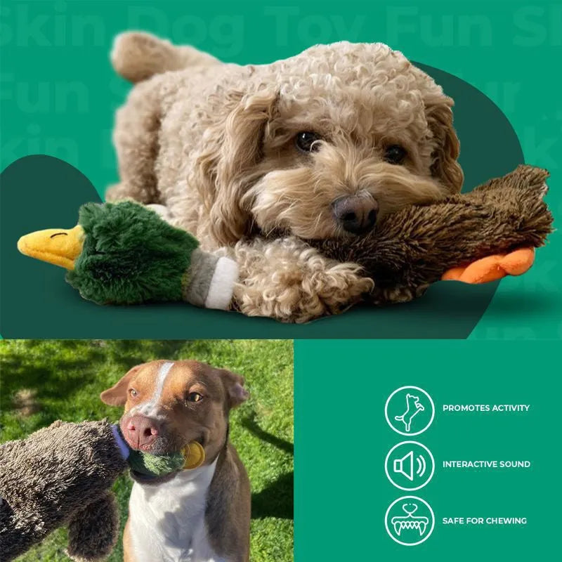 Green Wild Duck stuffless plush dog toy with squeakers and a cavity for a bottle.