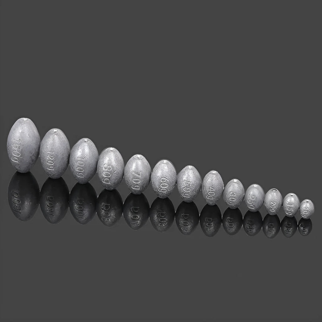 Tongxin scale pattern olive lead fishing sinker with plastic core, showing rugby shape and weight options.