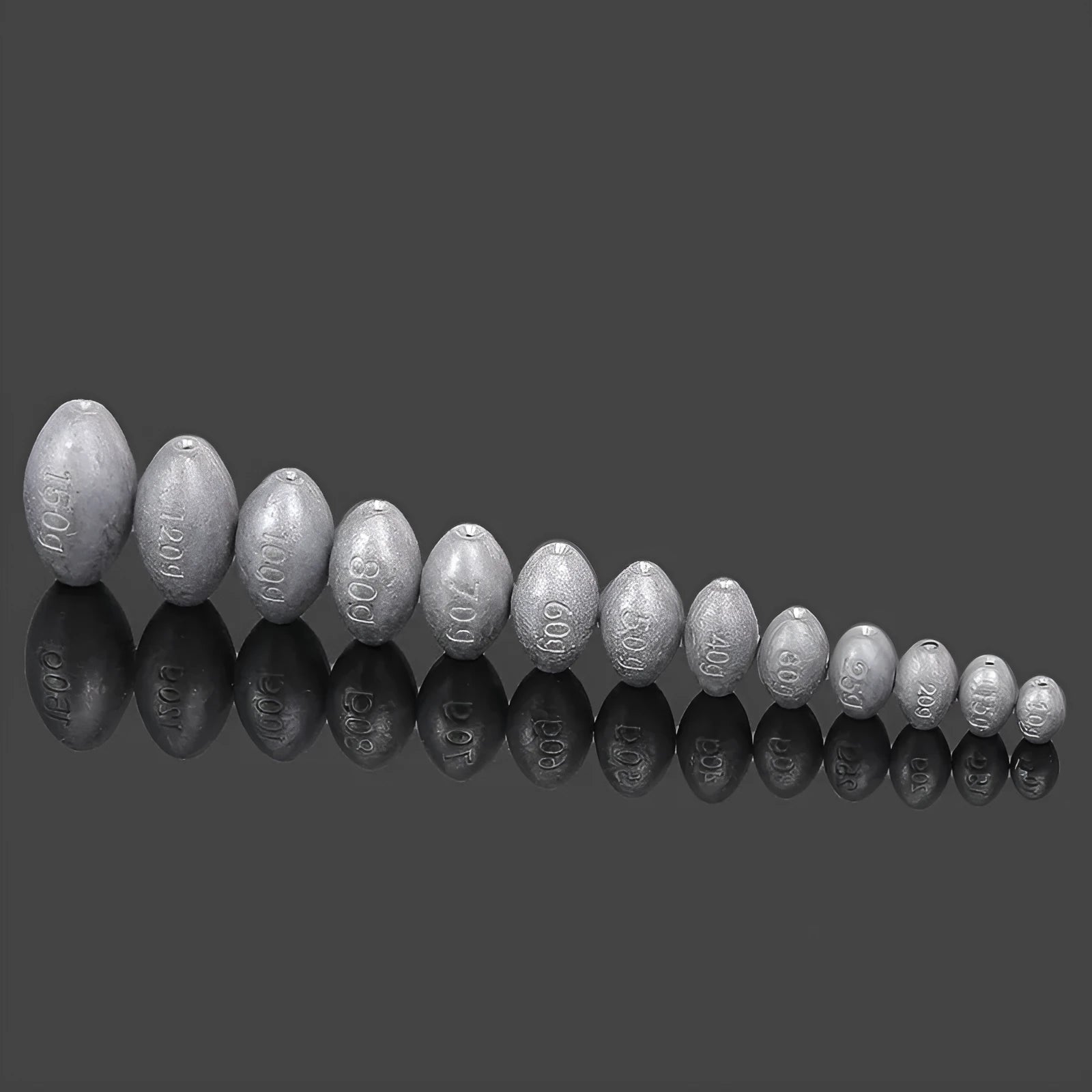 Tongxin scale pattern olive lead fishing sinker with plastic core, showing rugby shape and weight options.