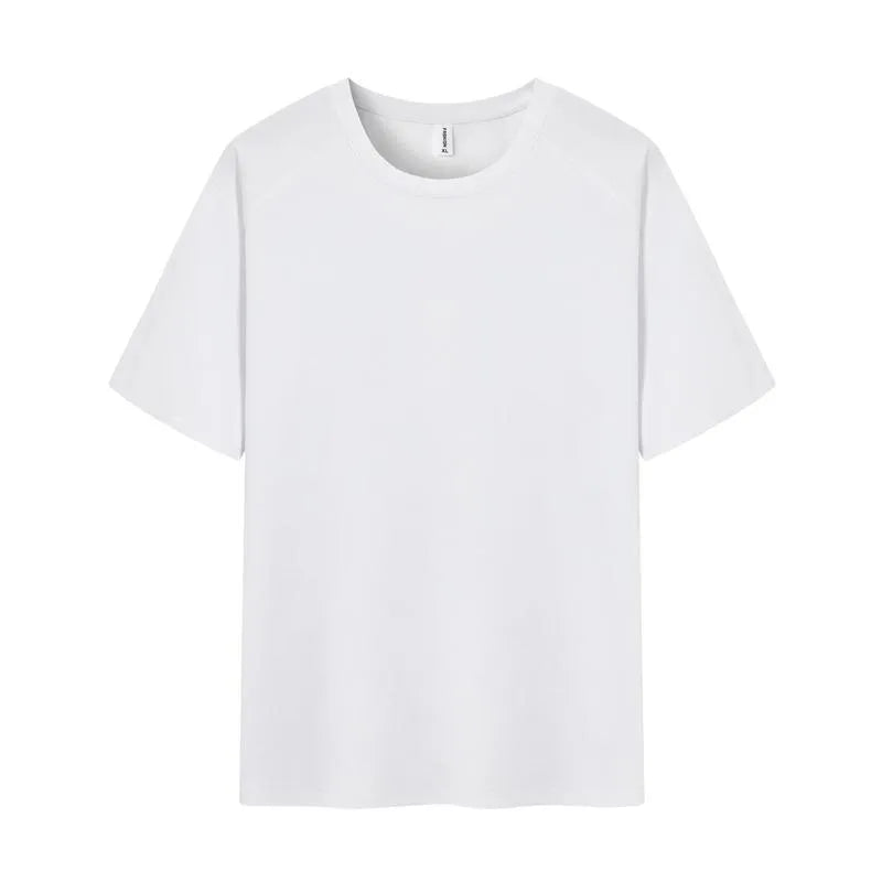Men's solid colour pure cotton short sleeve T-shirt on a hanger, showing crew neck and straight fit.