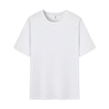 Men's solid colour pure cotton short sleeve T-shirt on a hanger, showing crew neck and straight fit.