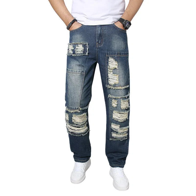 Men's straight wrinkle-resistant loose casual jeans in 2527 blue, mid waist zip fly, cotton material