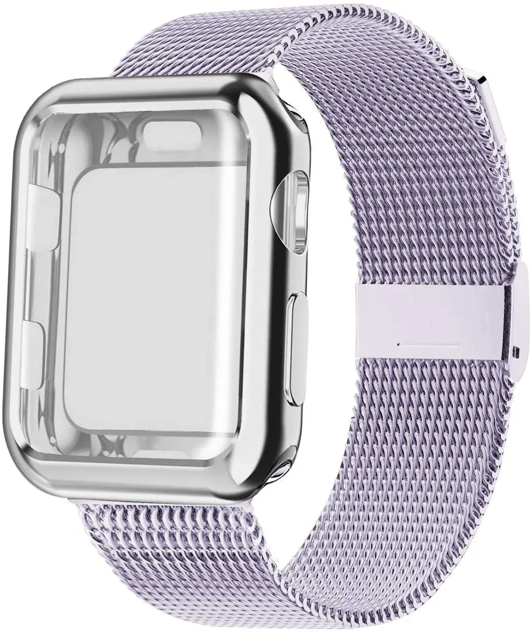 Silver Milanese loop metal strap with magnetic clasp attached to an Apple Watch on a wrist.
