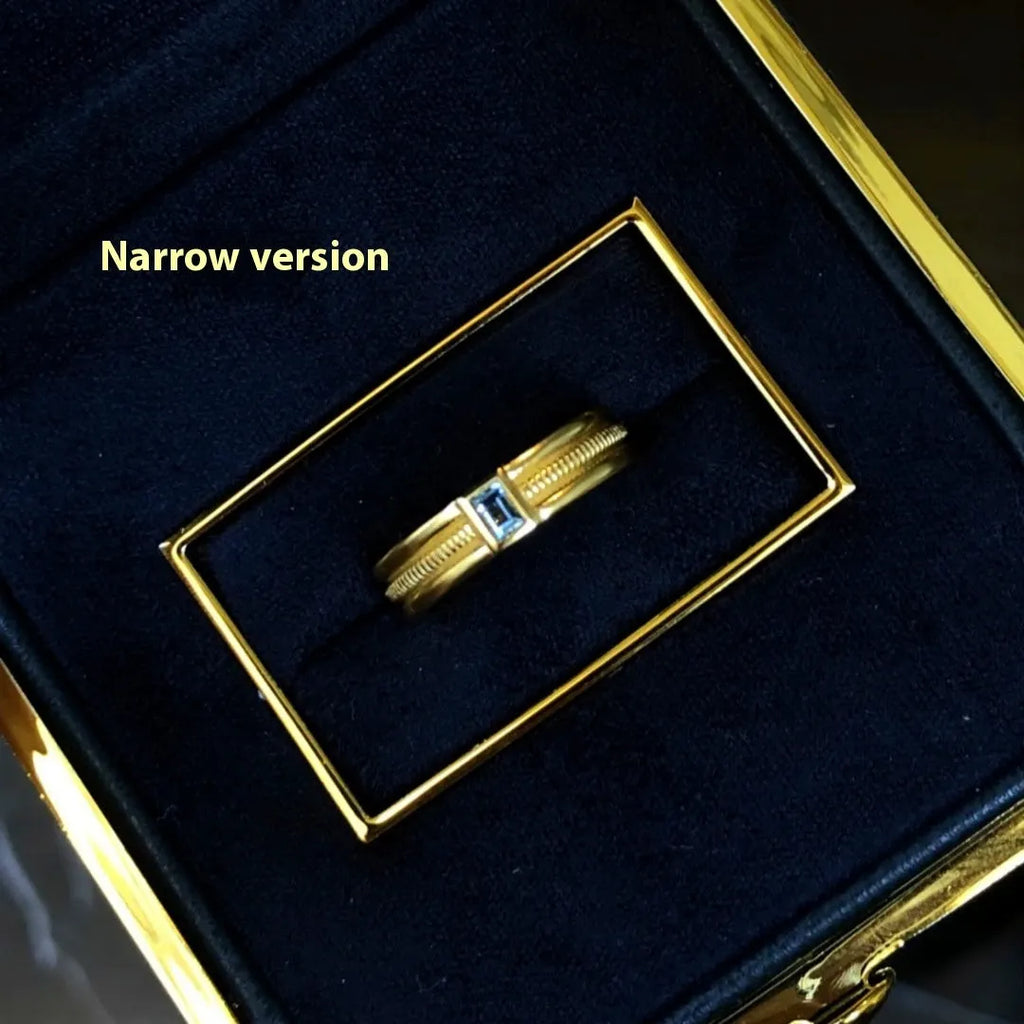 Square sapphire ring with inlaid gem in frosted gold finish copper band, wide version, size 6 to 8