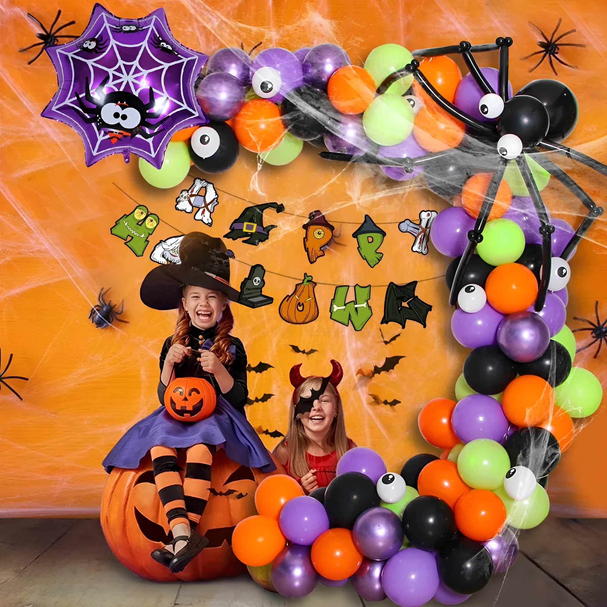 Halloween balloon decoration combo with spider arch and skull pumpkin themed balloons in white and black colours