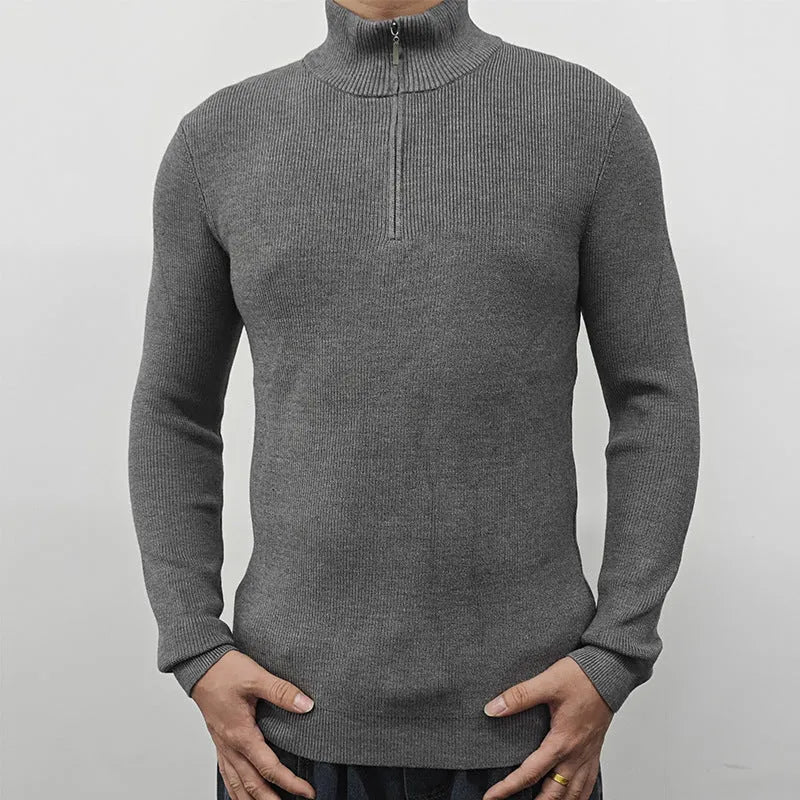 Men's grey half-turtleneck zipper sweater, British-style pullover for casual wear