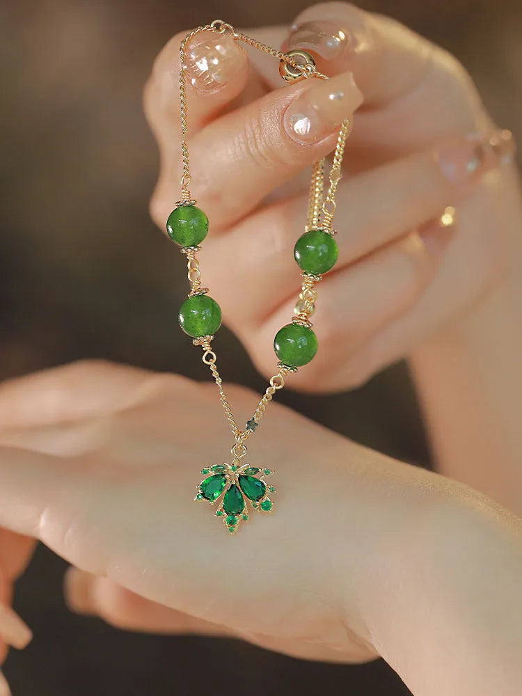 Women's green chalcedony bracelet with zircon maple leaf pendant on adjustable chain