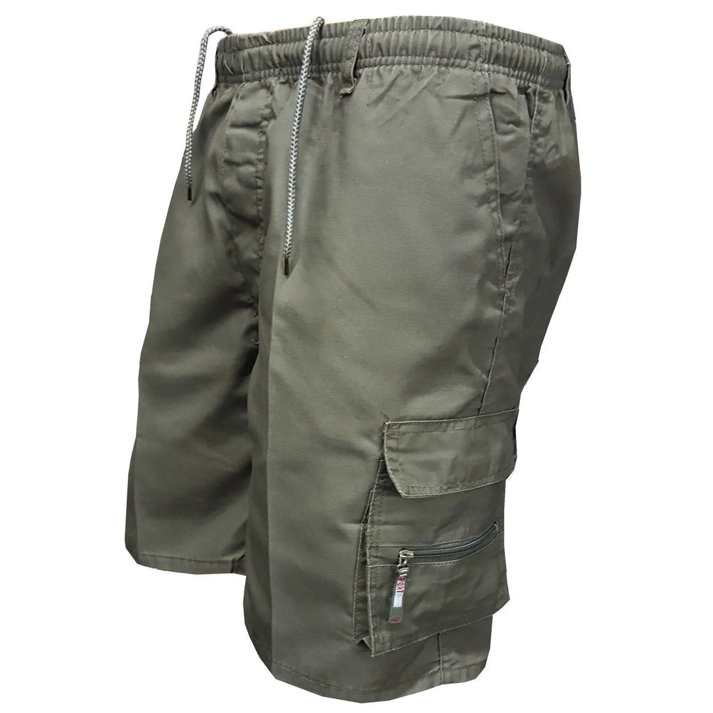 Men's multi-pocket cotton shorts in khaki with drawstring waist closure