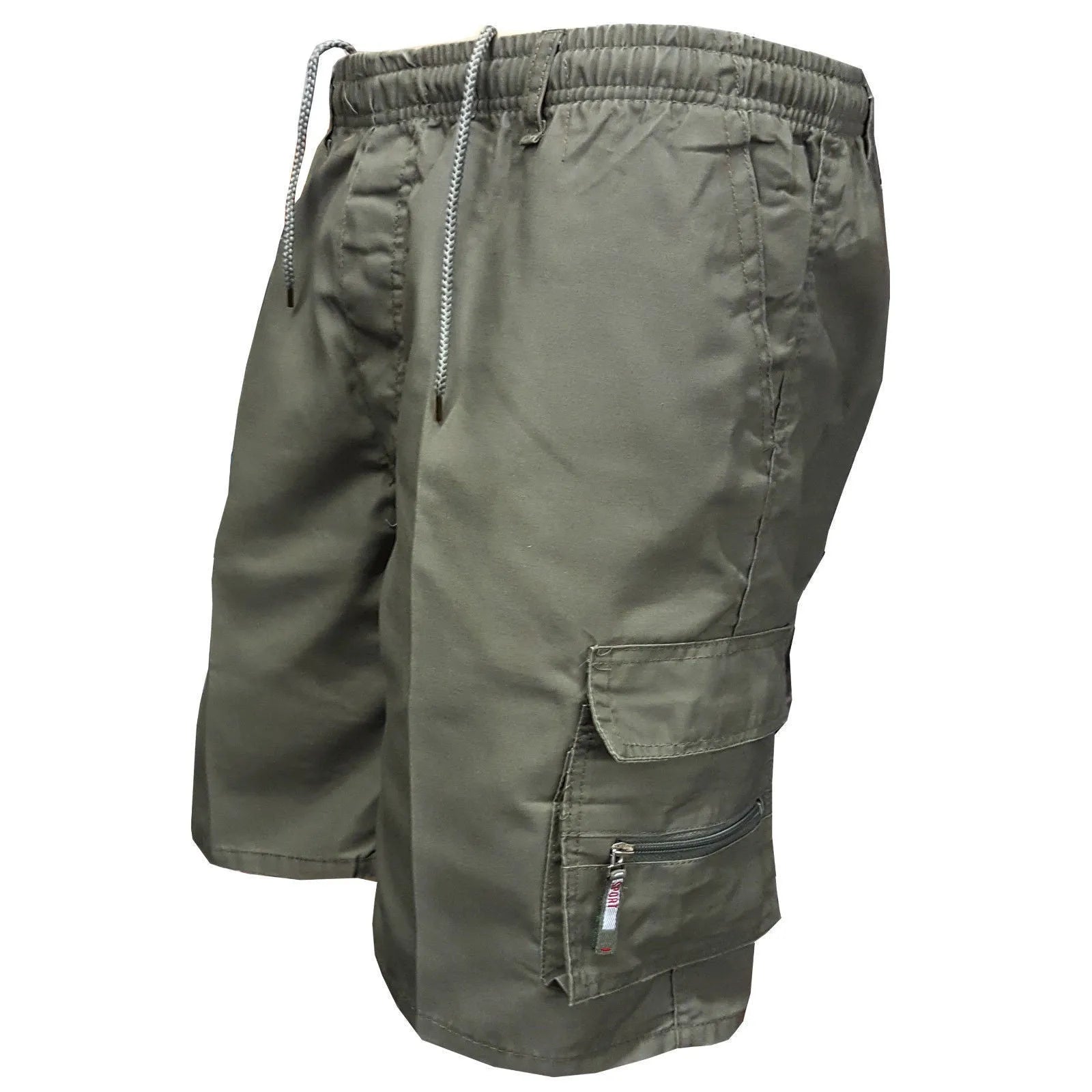 Men's multi-pocket cotton shorts in khaki with drawstring waist closure