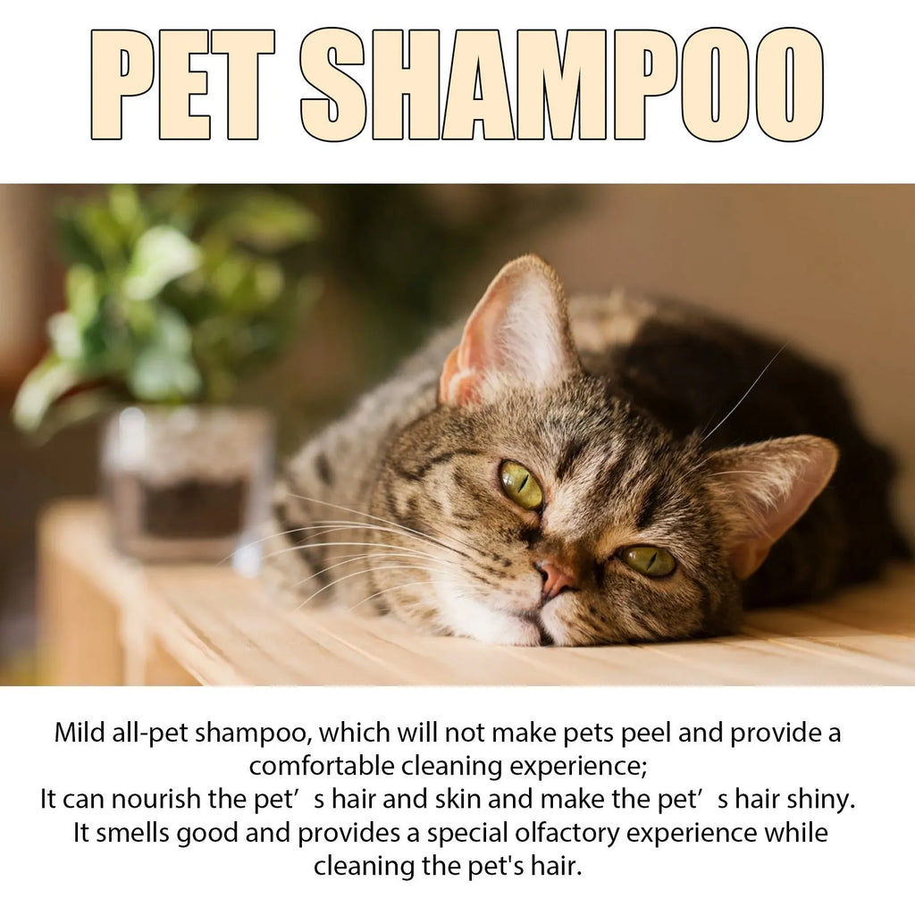 Bottle of mild pet shampoo for dogs and cats in 100ml and 300ml sizes