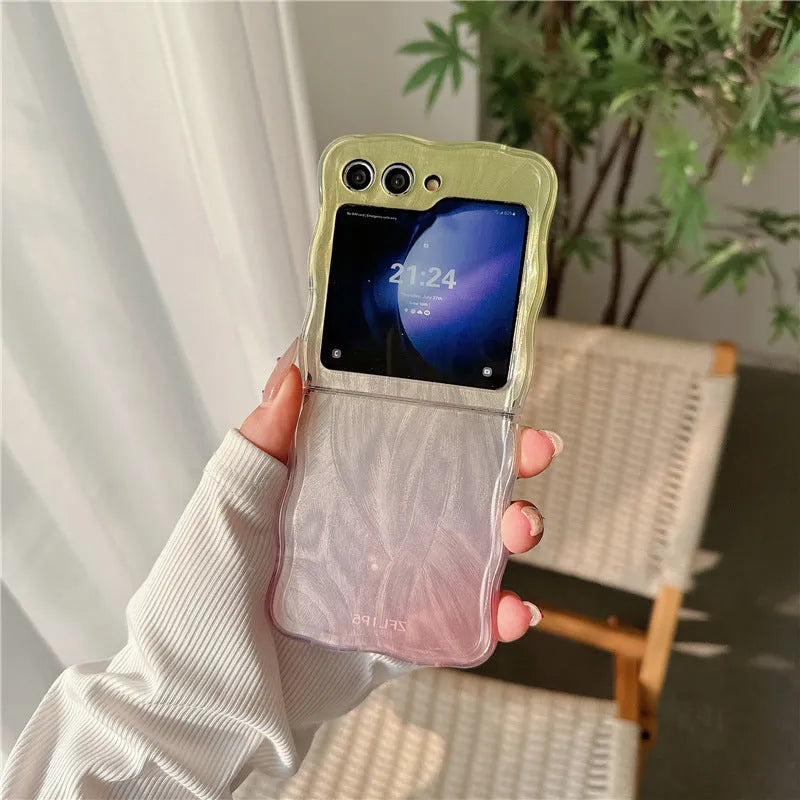 Feather yarn gradient multicolor back cover case for Samsung Galaxy Z Flip 6 in gradient purple colour