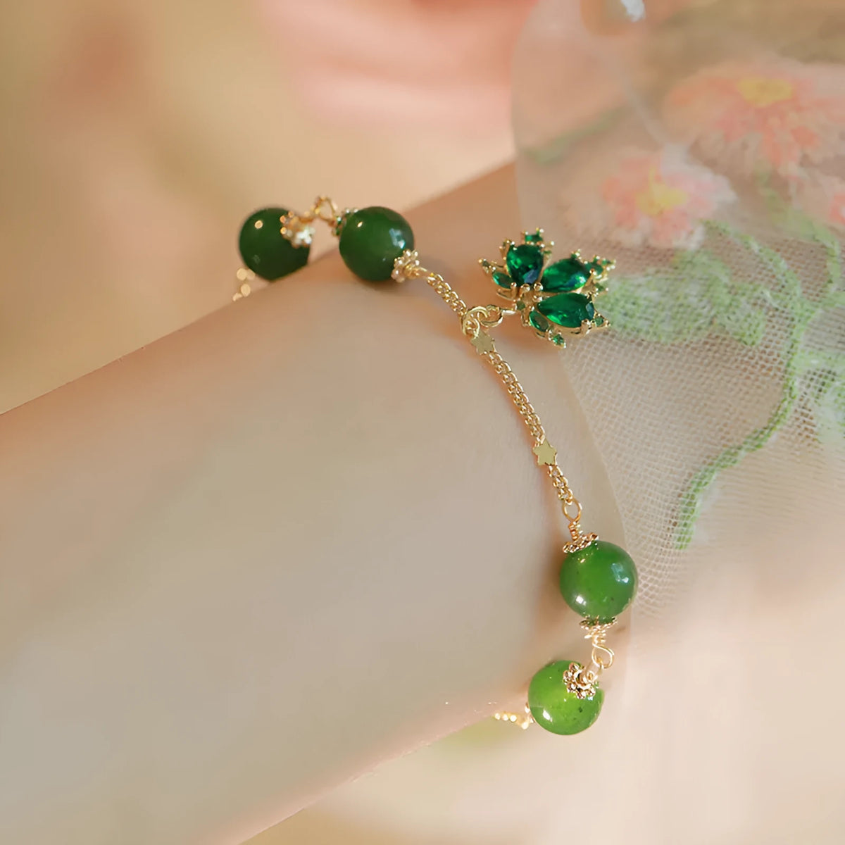 Women's green chalcedony bracelet with zircon maple leaf pendant on adjustable chain