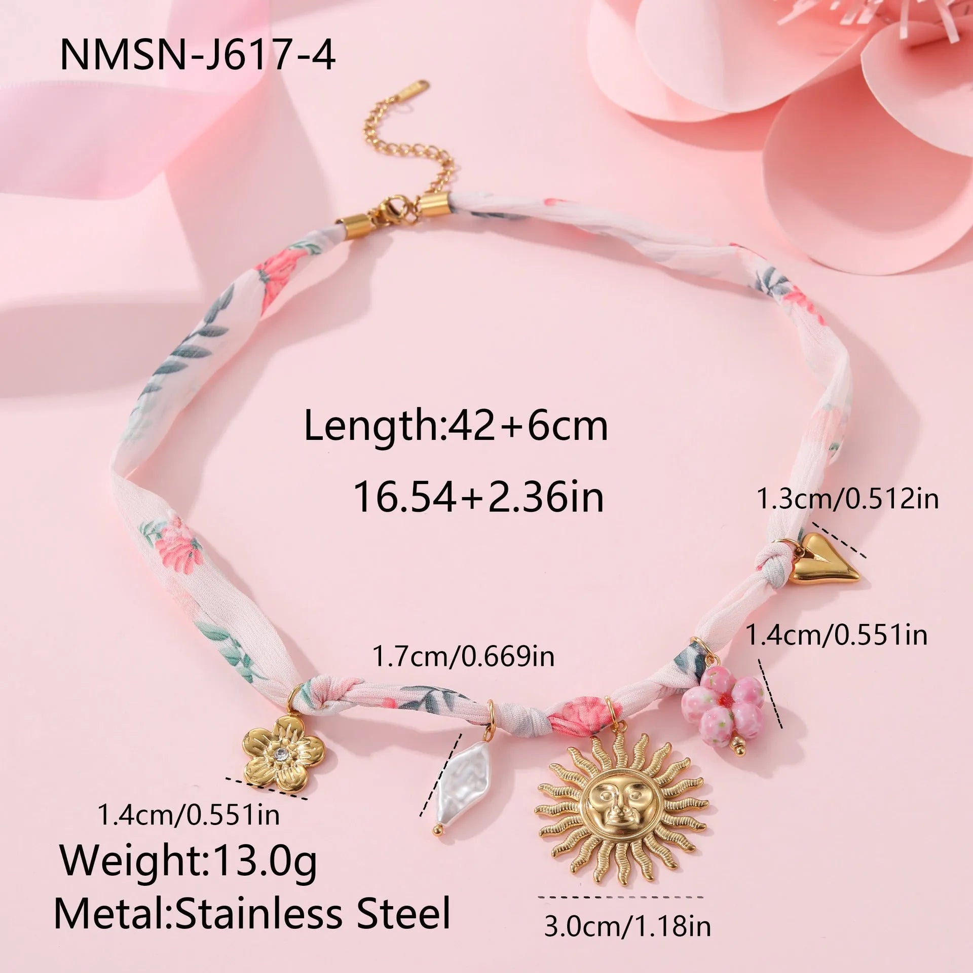 Gold plated stainless steel necklace with sun pendant on 41-50cm chain, heart pendant alternative shown